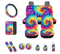 BIGCARJOB Set completo di coprisedili per auto, 13 pezzi, set completo di coprisedili per auto hippie tie dye, coprivolante, copertura per console, cuscinetti per cinture di sicurezza, portachiavi da