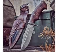 BIGCAT ROAR Beast Hunter - Coltello da Caccia Artigianale in Acciaio Damasco 25,4 cm - Manico in Legno di Noce e Fodero in Cuoio - EDC Bushcraft, Campeggio, Sopravvivenza - Idea Regalo Uomo Cacciatore