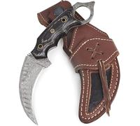 BIGCAT ROAR Desert Fox - Coltello Karambit in Acciaio Damasco Artigianale 19 cm - Manico in Legno Nero e Fodero in Cuoio - Lama Ricurva Hawkbill - EDC Bushcraft Caccia Sopravvivenza - Regalo Uomo