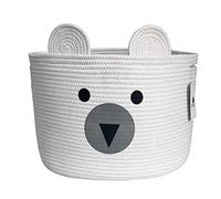 Bigepige - Cesto portaoggetti per cameretta dei bambini, intrecciato, adatto come decorazione e per tenere in ordine i giocattoli o i vestiti, pieghevole, bianco e beige con orso