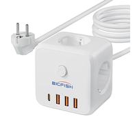 Bigfish Ciabatta elettrica a 3 prese, con USB C, presa multipla con 4 USB, cubo con cavo da 3 metri, spina multipla con interruttore per ufficio e casa