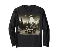 Bigfoot And Alien Eating Pizza Under UFO Lights Maglia a Manica