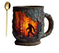 Bigfoot Forest Fire Mug 3D Relief + Forest Silhouette Bigfoot MugsSpecial-Mugs Bigfoot Tazza da caffè Bigfoot Tazza da campeggio all'aperto Fuoco Tazza Credenti amanti della natura Montagna Paranormal