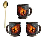 Bigfoot Forest Fire Mug 3D Relief + Forest Silhouette Bigfoot MugsSpecial-Mugs Bigfoot Tazza da caffè Bigfoot Tazza da campeggio all'aperto Fuoco Tazza Credenti amanti della natura Montagna Paranormal
