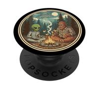 Bigfoot Roasting Marshmellows con un UFO Alieno Sasquatch PopSockets PopGrip Adesivo
