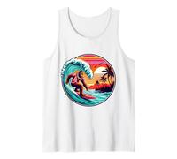 Bigfoot Tavola da Surf Cavalcando Onda al Tramonto Retro Beach Vibes Canotta