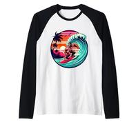 Bigfoot Tavola da Surf Cavalcando Onda al Tramonto Retro Beach Vibes Maglia con Maniche Raglan