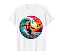 Bigfoot Tavola da Surf Cavalcando Onda al Tramonto Retro Beach Vibes Maglietta