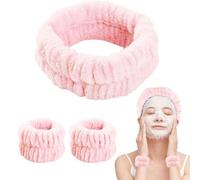 Bighan 3 Pezzi Fasce per Lavaggio di Viso, Fasce di Testa per Lavaggio di Viso Trucco e Braccialetto da Polso, per Bagno Yoga, Skincare Bande, per Spa Trucco, Rosa