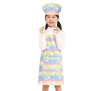 BIGHAS Grembiule per bambini, cappello da chef, regolabile, con cinturino per il collo, chiusura in velcro e fascia in vita, per cuocere, dipingere e cucinare, Arcobaleno-unicorno, (3'11"-4'7") M