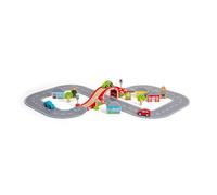 Bigjigs Rail 36pc Figure of Eight Roadway (Red Bridge) Race Car Set - Kids Car Playset with Realistic Grey Road Track, 3 Wooden Vehicles, Bigjigs Train Accessories, Wooden Train Track