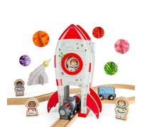 Bigjigs Rail Rocket Ship | Accessori ferroviari in legno | Figura astronave e astronauta per bambini Set di binari per treni | Giocattoli spaziali per giochi fantasiosi | Razzi giocattolo in legno |