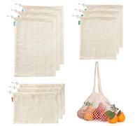 BigKing Confezione da 10 sacchetti in cotone, lavabili in rete di cotone, per verdure, frutta, generi alimentari, 3XS, 3 x M, 3 XL, e 1 confezione da appendere per cipolle aglio (riutilizzabili),