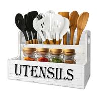BigKing Portautensili da Cucina a 2 Ripiani, Con Scomparti, 33,5*18*17,5 cm, in Legno, Con Fori di Drenaggio, Scolaposate, Rustico Organizer per Utensili da Appoggio, Bianco