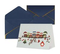 Biglietti di auguri per tutte le occasioni con simpatici gufi natalizi su ramo, bianco all'interno, con busta, adatti per amici e familiari