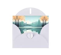 Biglietti di auguri perlati con foglie cadute su un lago tranquillo, biglietti orizzontali per tutte le occasioni con buste, elegante biglietto scintillante per compleanno, Natale, interno bianco