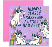 Biglietti di compleanno divertenti per donne, elegante e impertinente, grazioso design con unicorno per lei, quadrato, interno bianco con busta di alta qualità