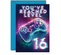 Biglietti di compleanno per 16° giocatore per ragazzi e ragazze, con scritta in inglese "You've Reached Level 16", biglietto di auguri per il 16° compleanno per figlio, figlia, nipote, nipote, 12,7 x