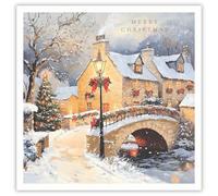 Biglietti di Natale per beneficenza Tracks Publising, confezione da 5 - Villaggio innevato e scena del ponte - finitura laminata - Biglietti di Natale festivi - A sostegno di Rainbow Trust