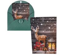 Biglietti di ringraziamento con buste, Merry Christmas, tavola in legno con candela, cervo, 10,2 x 15,2 cm, set di 1 biglietto di auguri per note personalizzate, biglietti formali per tutte le