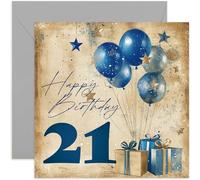 Biglietti speciali per il 21° compleanno per fratello, figlio, nipote, figlioccio, regalo elegante per lui, palloncini blu navy e regali avvolti, biglietto di celebrazione maschile di alta qualità per