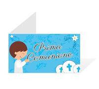 BIGLIETTINI BOMBONIERA PRIMA COMUNIONE PRETAGLIATI, FACILI DA STAMPARE CON GUIDA, OPPURE DA PERSONALIZZARE A MANO (60 PEZZI BAMBINO CELESTE)