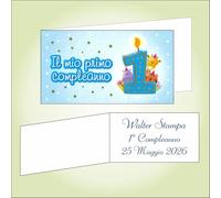 Bigliettino bomboniera bigliettini confetti per 1° Compleanno per bimbo, 9 x 2,5 cm, 40 pezzi o più, personalizzabile con vostro testo, Carta Bianca con Decoro Oro a Caldo personaggi colorati