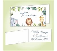 Bigliettino bomboniera bigliettini confetti per Compleanno, 9 x 2,5 cm, 40 pezzi o più, personalizzabile con vostro testo, con trio di amici safari, un elefantino, un leoncino e una giraffa