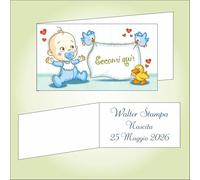 Bigliettino bomboniera bigliettini confetti per Nascita per Bimbo, 9 x 2,5 cm, 40 pezzi o più, personalizzabile con vostro testo, con bebè in azzurro,graziosi uccellini blu e un paperotto