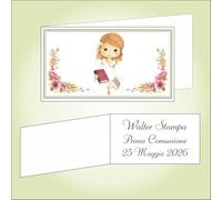 Bigliettino bomboniera bigliettini confetti per Prima Comunione per bambina, 9 x 2,5 cm, 40 pezzi o più, personalizzabile con vostro testo, con illustrazione con motivi floreali in rosa e una bambina