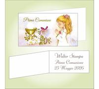 Bigliettino bomboniera bigliettini confetti per Prima Comunione per bambina, 9 x 2,5 cm, 40 pezzi o più, personalizzabile con vostro testo, con simboli della Prima Comunione