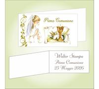 Bigliettino bomboniera bigliettini confetti per Prima Comunione per bambina, 9 x 2,5 cm, 40 pezzi o più, personalizzabile con vostro testo, con Bambina,calice e motivi floreali dorati