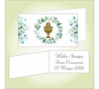 Bigliettino bomboniera bigliettini confetti per Prima Comunione per bambino, 9 x 2,5 cm, 40 pezzi o più, personalizzabile con vostro testo, con foglie di eucalipto in acquamarina e dorato