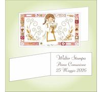 Bigliettino bomboniera bigliettini confetti per Prima Comunione per bambino o bambina, 9 x 2,5 cm, 40 pezzi o più, personalizzabile con vostro testo, con bambina con Calice tra le mani