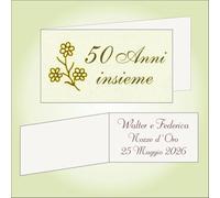 Bigliettino per confetti di 50° Anniversario di matriminio, 9 x 2,5 cm, 40 pezzi o più, personalizzabile con vostro testo, con Carta avorio e scritta in Oro a Caldo con disegno