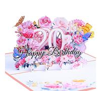 Biglietto Auguri Compleanno Pop Up 3D,Biglietti Auguri Compleanno 20 Anni Con Busta,Fiori Rosa e Farfalle,Biglietti d'anniversario,Biglietti d'invito,Biglietti di Buon Compleanno