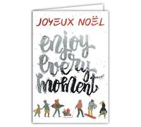 Biglietto Buon Natale Enjoy Every Moment Argento lucido scintillante con busta bianca, formato 12 x 17,5 cm, illustrazione passanti, regali, albero slittino da snowboard inverno migliori auguri - Made