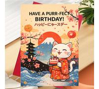 Biglietto d' di compleanno , 1 pezzo, con un gatto in kimono con torta e il messaggio " ." per e persone care dei . Biglietto con illustrazione Kawaii in stile giapponese. per compleanni