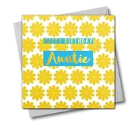 Biglietto d'auguri con scritta in lingua inglese "Happy Birthday Auntie", con fiori gialli, con testo laminato, colore: oro lucido
