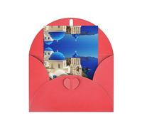 Biglietto d'auguri rosso elegante Santorini con stampa vista mare con busta abbinata - Design benedetto bianco per compleanno, matrimonio