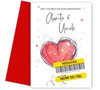 Biglietto di anniversario divertente per zia e zio, design umoristico con cuore rosso, solo il miglior biglietto di anniversario di matrimonio per zia e zio, interno bianco, realizzato nel Regno Unito