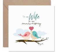 Biglietto di anniversario romantico per moglie - Chirpy Lovebirds on a Branch - rosa tenue e blu con un tocco di cuore - pieno di fascino anniversario - 145 mm quadrato, busta inclusa