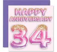 Biglietto di auguri 34° anniversario moglie fidanzata marito fidanzato con palloncini glitterati rosa e viola biglietti di auguri il 34° anniversario della famiglia 145mm