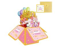 Biglietto di Auguri 3D Pop-up Compleanno con Scatola Regalo - Cartolina con Palloncini, Torta e Fuochi d'Artificio - Include Busta e Biglietto Scritto a Mano - Regalo Perfetto per Famiglia e Amici