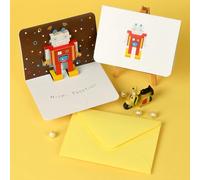 Biglietto di auguri 3D Pop Up con robot, design retrò con busta | Struttura in cartoncino spesso, area di scrittura vuota, busta gialla pallida, messaggi di compleanno e di tutti i giorni