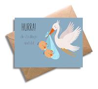 Biglietto di auguri con busta, bellissimo biglietto di auguri per la nascita di bambini gemelli "Hurra! I gemelli sono qui! Grazioso biglietto regalo per gravidanza, nascita, gemelli, baby shower (DIN