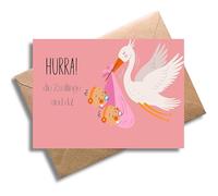 Biglietto di auguri con busta, bellissimo biglietto di auguri per la nascita di gemelli "Hurra! I gemelli sono qui! Grazioso biglietto regalo per gravidanza, nascita, gemelli, baby shower (DIN A6)
