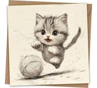 Biglietto di auguri con gattino che gioca - Gatto che insegue un gomitolo di filo di filato disegna a mano