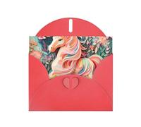 Biglietto di auguri con unicorno, colore rosa, con busta rossa a forma di cuore e scritta in lingua inglese