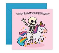 Biglietto di auguri da donna "Dream Big" con unicorno e scheletro per amici, BFF, Bestie, mamma, sorella, figlia, moglie, fidanzata, fidanzata, signore, viene fornito con adesivi